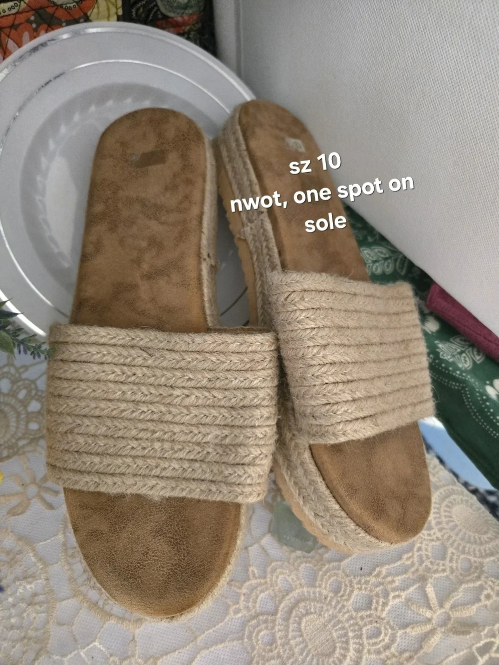 4/$15 Beach Cottage Neutral Rope Platform Slide Sandals Women Shoes Sz 10